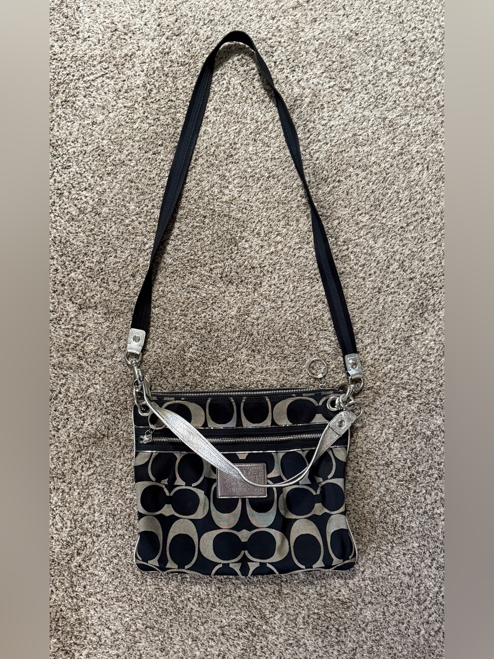 Coach Poppy Signature Crossbody Bag Black Silver Purple Lining